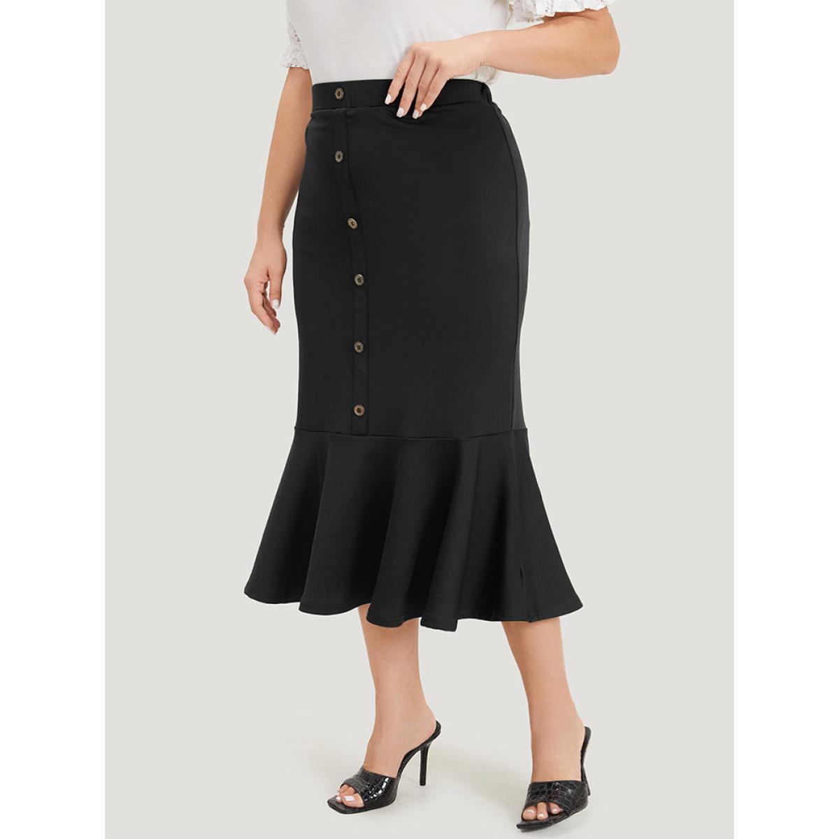 Plus Size Plain Button Detail Flutter Hem Patchwork Skirt Women Black Elegant Elastic Waist Low stretch Dailywear Skirts BloomChic 28/5X Product Image