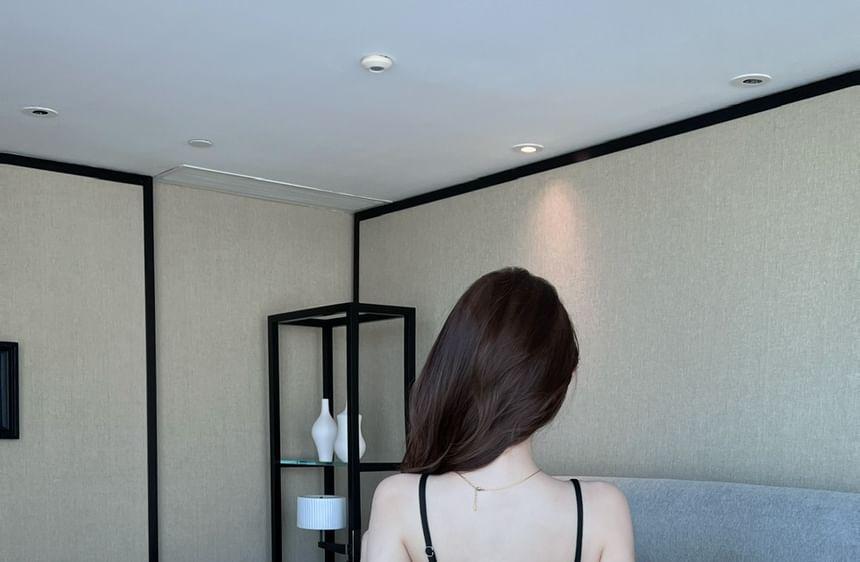 Spaghetti Strap V-Neck Plain Ruched Fluffy Trim Mini Sheath Dress Product Image