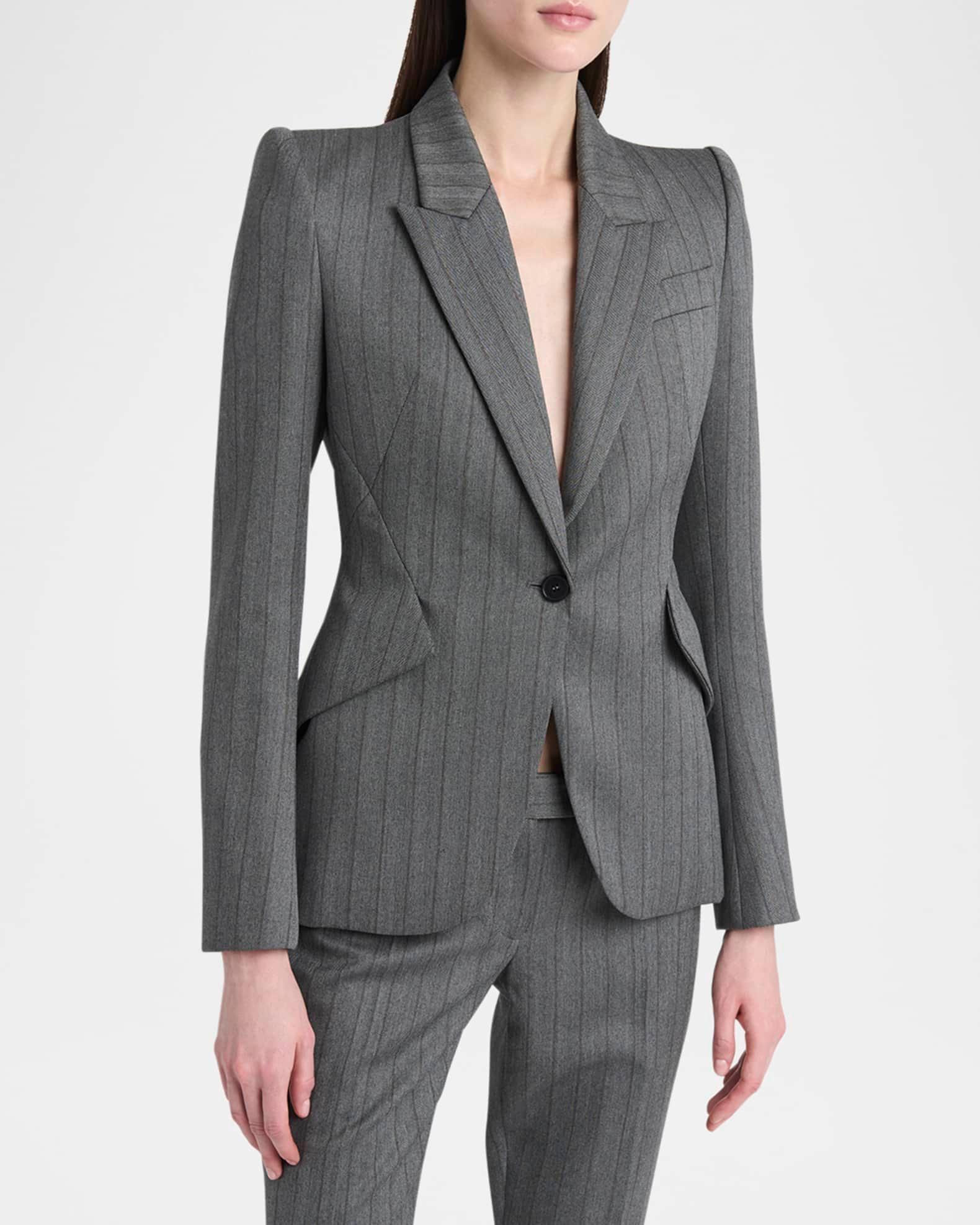 Herringbone Striped Single-Breasted Blazer Jacket Product Image