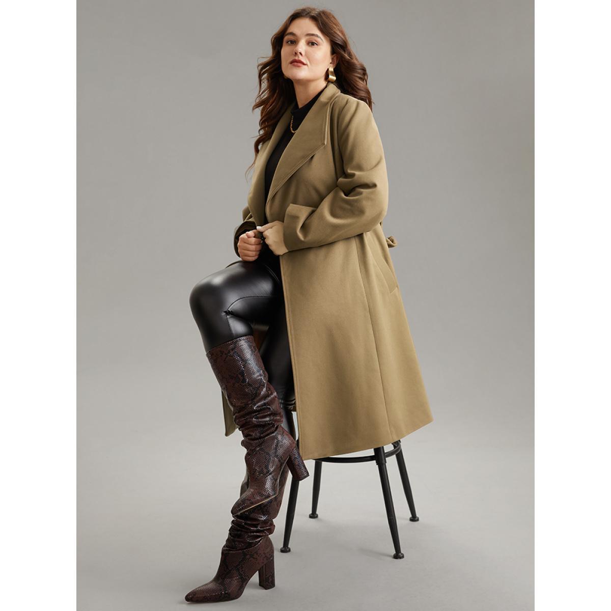 Plus Size Plain Pocket Belted Lapel Collar Tunic Coat Women Bronze Elegant Lined Ladies Dailywear Winter Coats BloomChic 26/4X Product Image