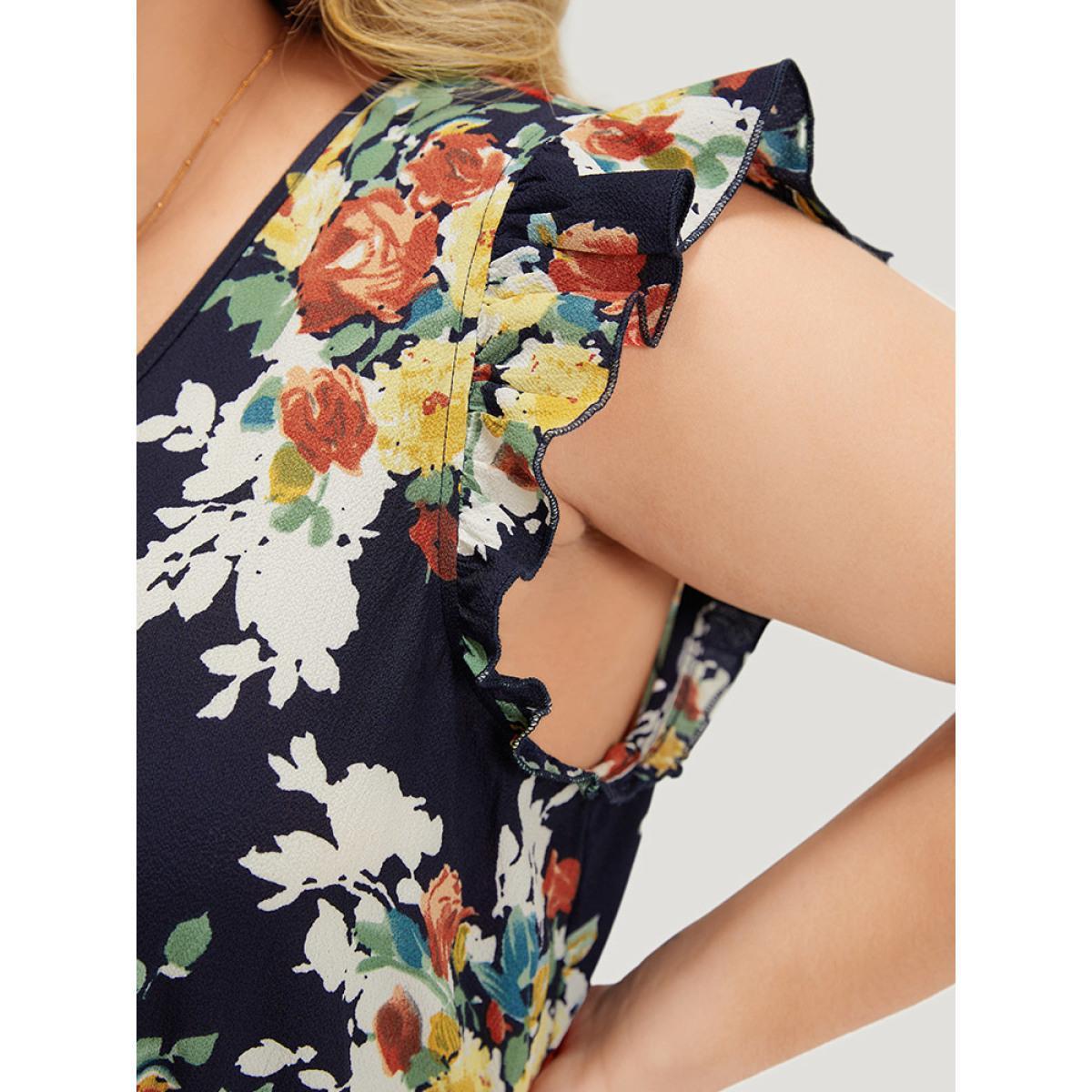 Plus Size Pixel Flower Print Ruffle Cap Sleeve Pocket Dress DarkBlue Women Elegant Elastic Waist V-neck Cap Sleeve Curvy Knee Dress BloomChic 22-24/3X Product Image