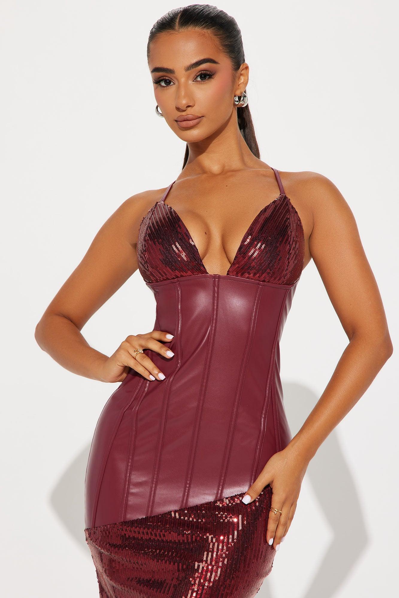 Heather Faux Leather Sequin Maxi Dress - Wine Product Image