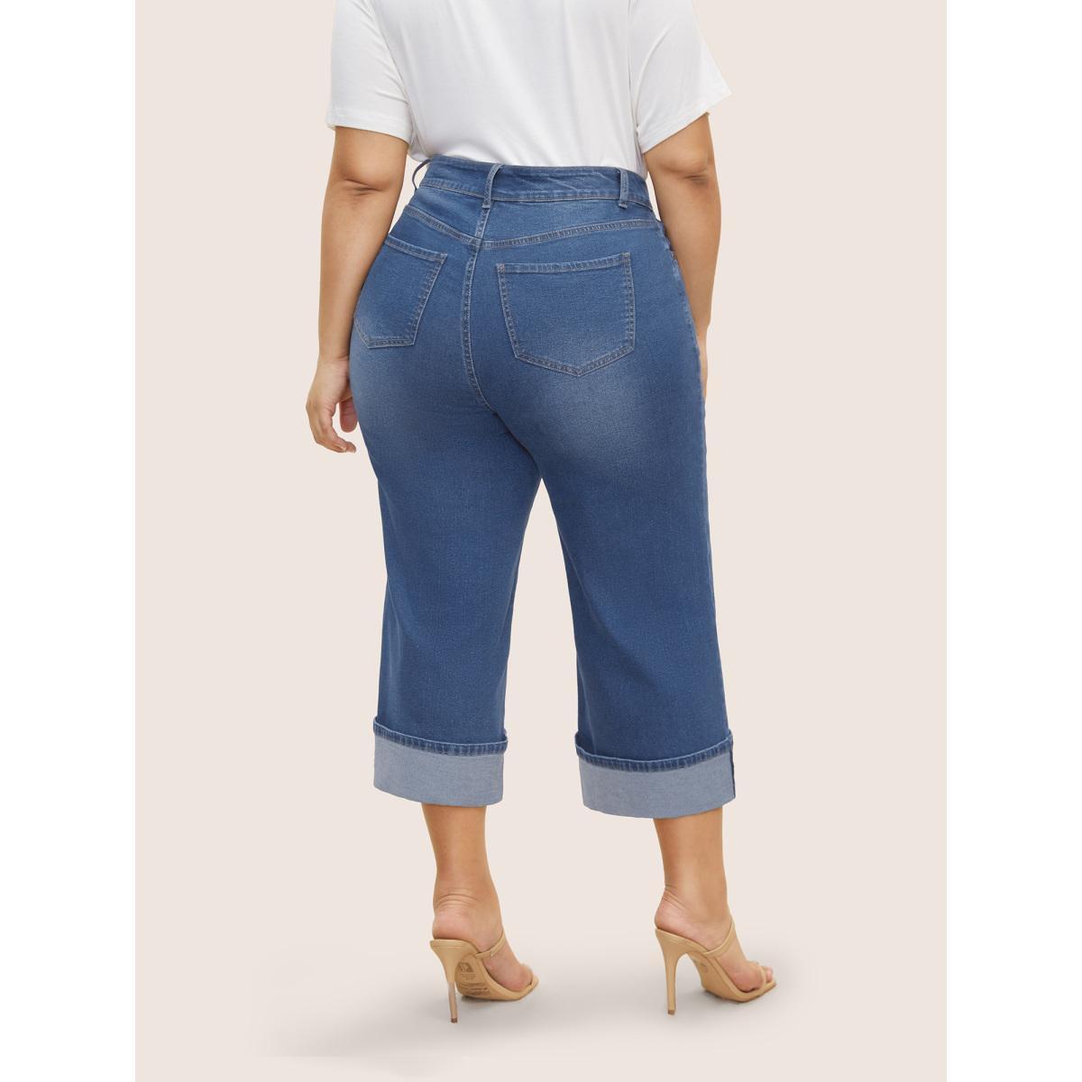 Plus Size Dark Wash Roll Hem Cropped Wide Leg Jeans Women Midblue Casual High stretch Slanted pocket Jeans BloomChic 16/1X Product Image