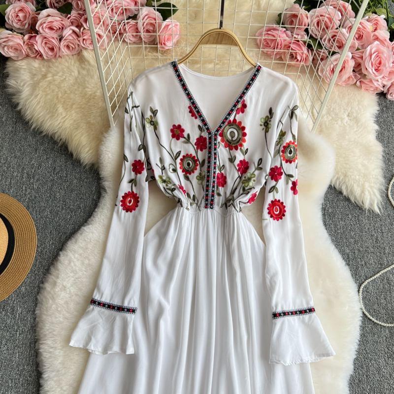 Long Sleeve V-Neck Floral Embroidered Maxi A-Line Dress Product Image