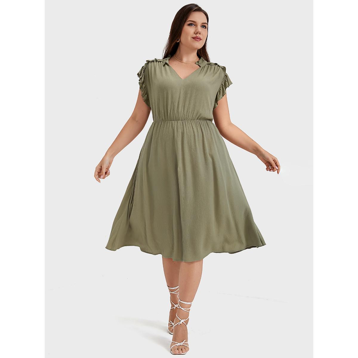 Plus Size Plain V Neck Ruffles Trim Pocket Knee Dress ArmyGreen Women Elegant Plain V-neck Cap Sleeve Curvy Midi Dress BloomChic 12/L Product Image