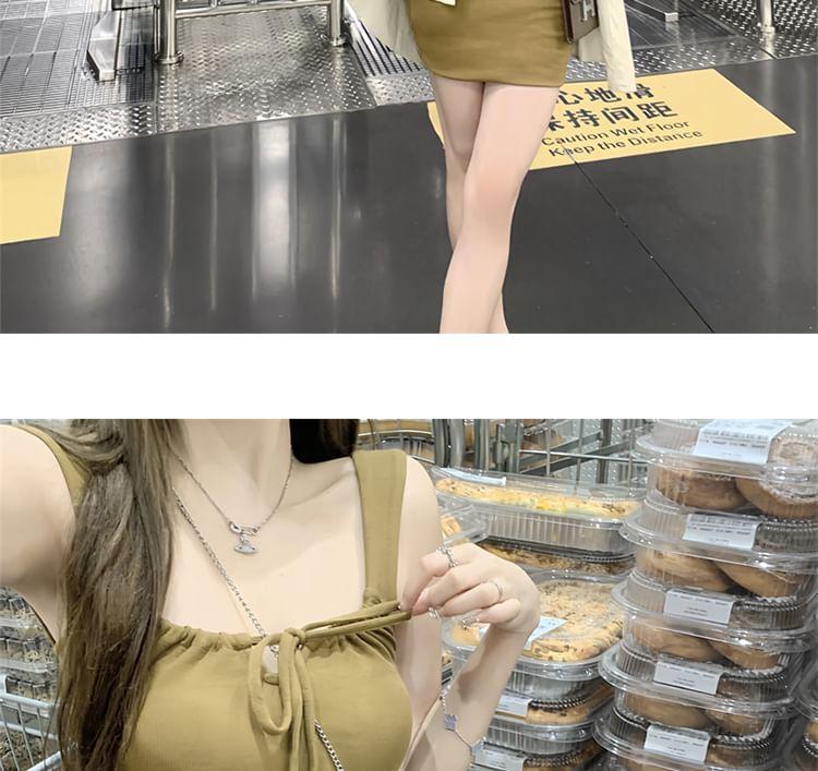 Sleeveless Square Neck Plain Drawstring Mini Sheath Dress / Long Sleeve Collared Plain Shirt Product Image