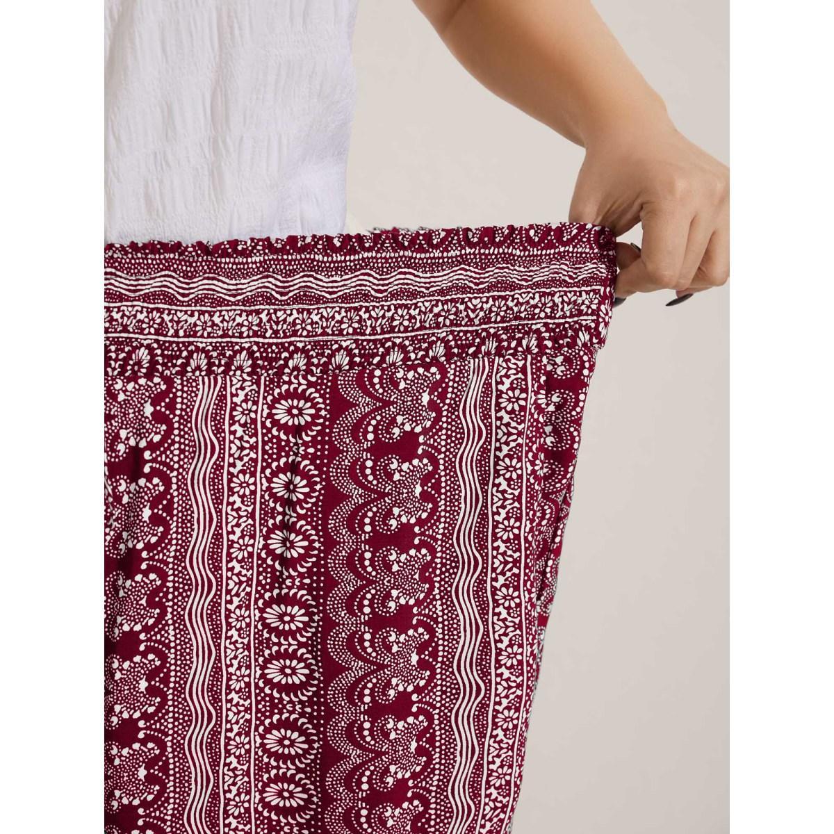 Plus Size Boho Print Shirred Waist Wide-Leg Pants Women Burgundy Resort Wide Leg Mid Rise Vacation Pants BloomChic 14-16/1X Product Image
