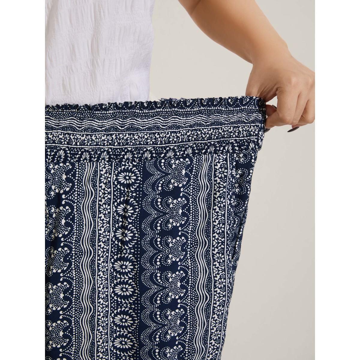 Plus Size Boho Print Shirred Waist Wide-Leg Pants Women Indigo Resort Wide Leg Mid Rise Vacation Pants BloomChic 12/L Product Image