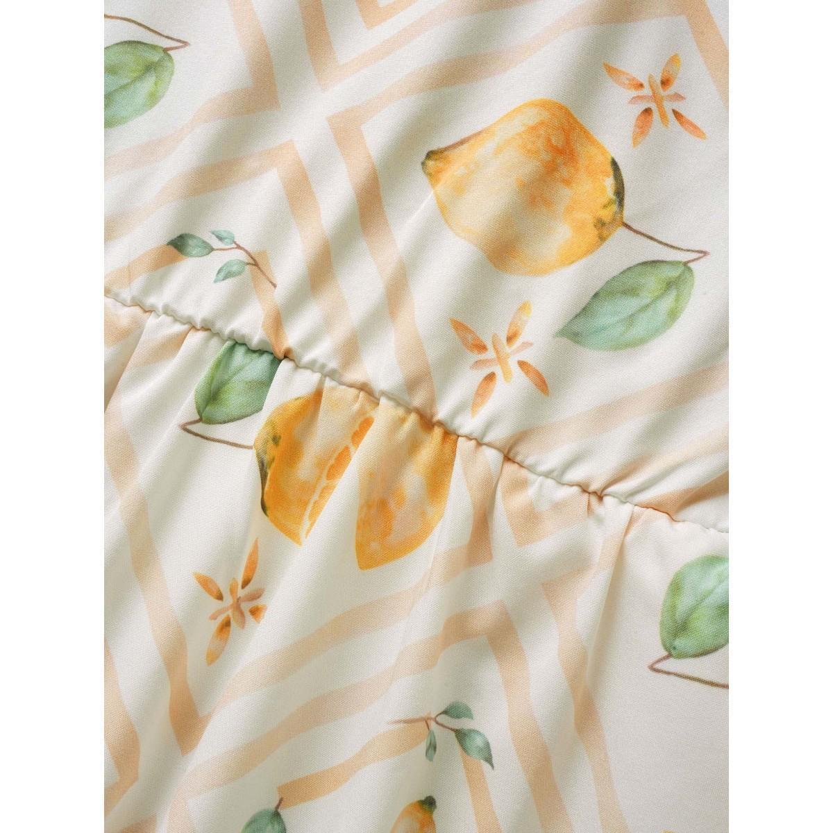 Plus Size Citrus Lemon Print Gathered Belted Tank Dress Ivory Women Elegant Belted V-neck Sleeveless Curvy Midi Dress BloomChic 10/M Product Image