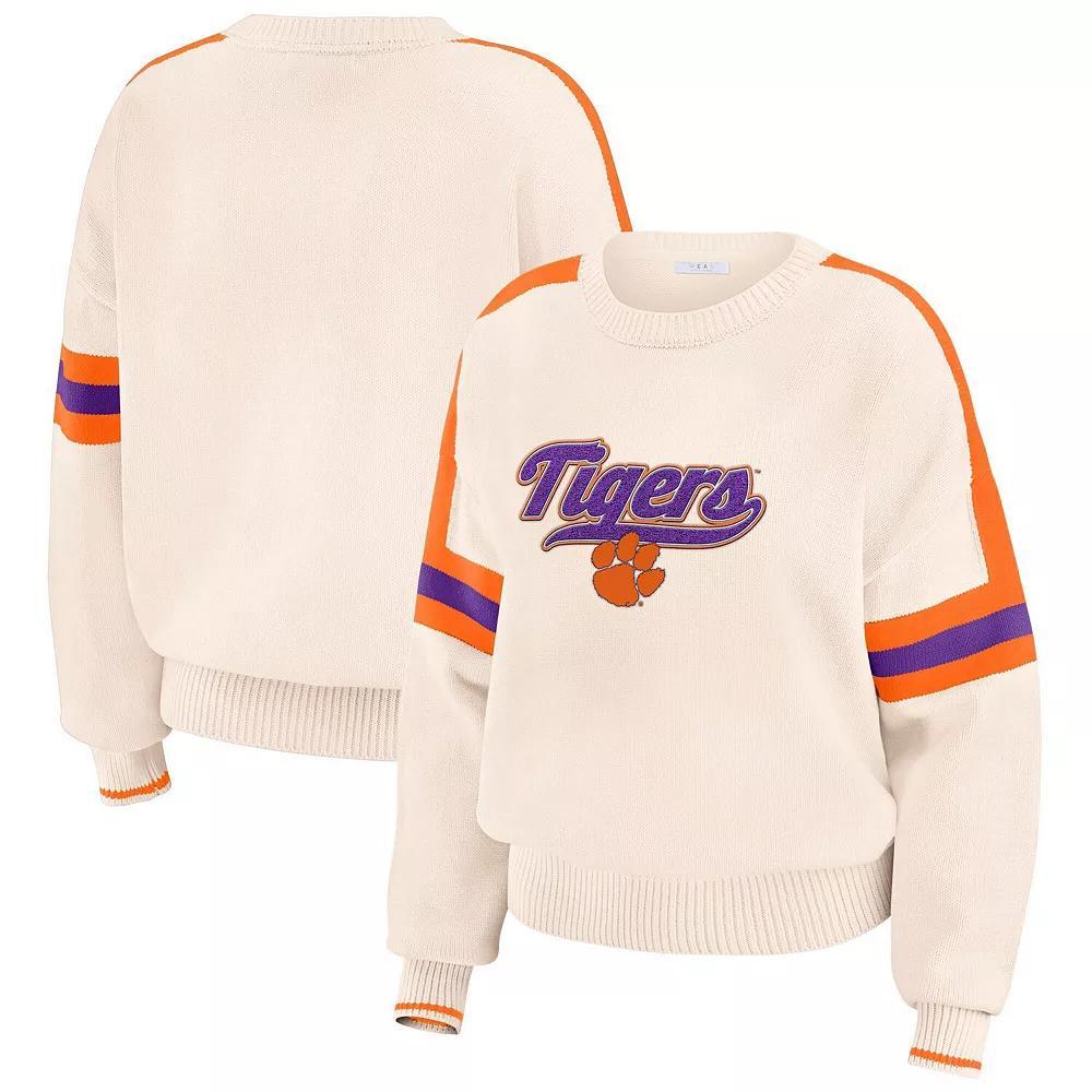 Women's WEAR by Erin Andrews  Cream Clemson Tigers Chenille Woven Patch Stripe Pullover Sweater, Size: XL, Beige Product Image