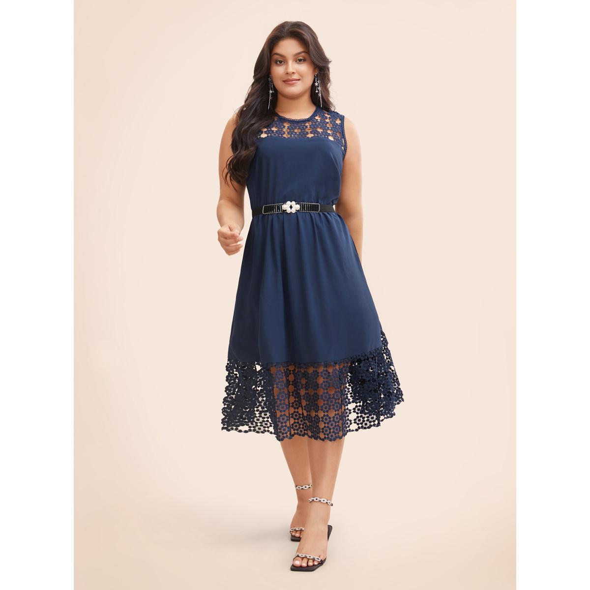 Plus Size Lace Panel Elastic Waist Sleeveless Dress DarkBlue Women Formal Woven ribbon&lace trim Party Curvy Bloomchic 22-24/3X Product Image
