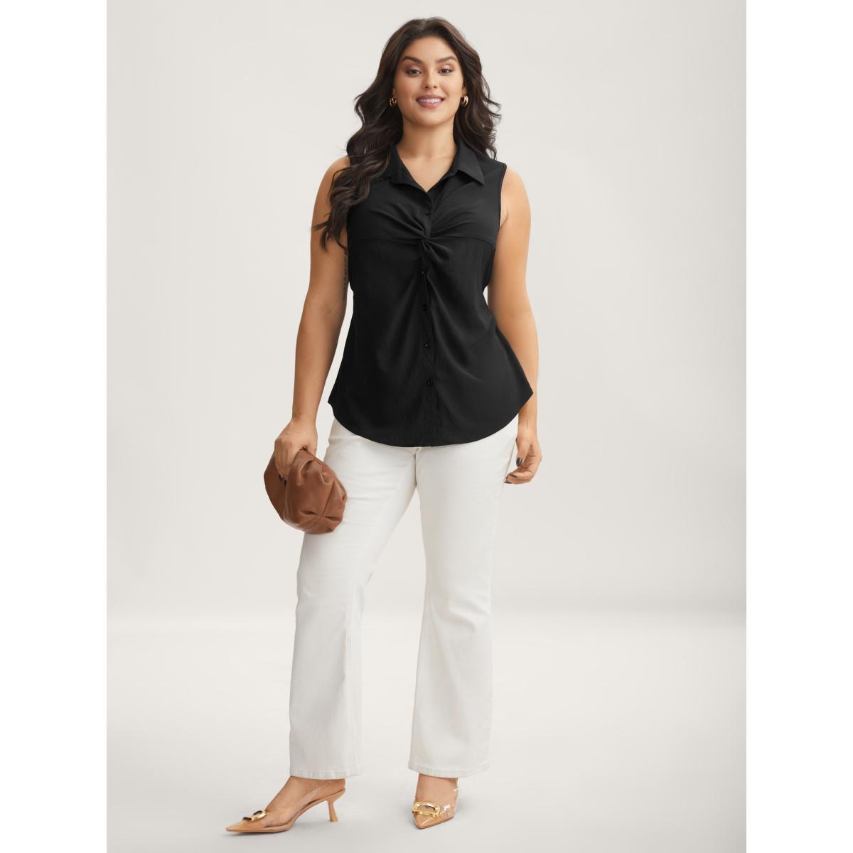 Plus Size Twist Front Button Placket Tank Top Women Black Twist Shirt collar Work Tank Tops Camis BloomChic 30/6X Product Image
