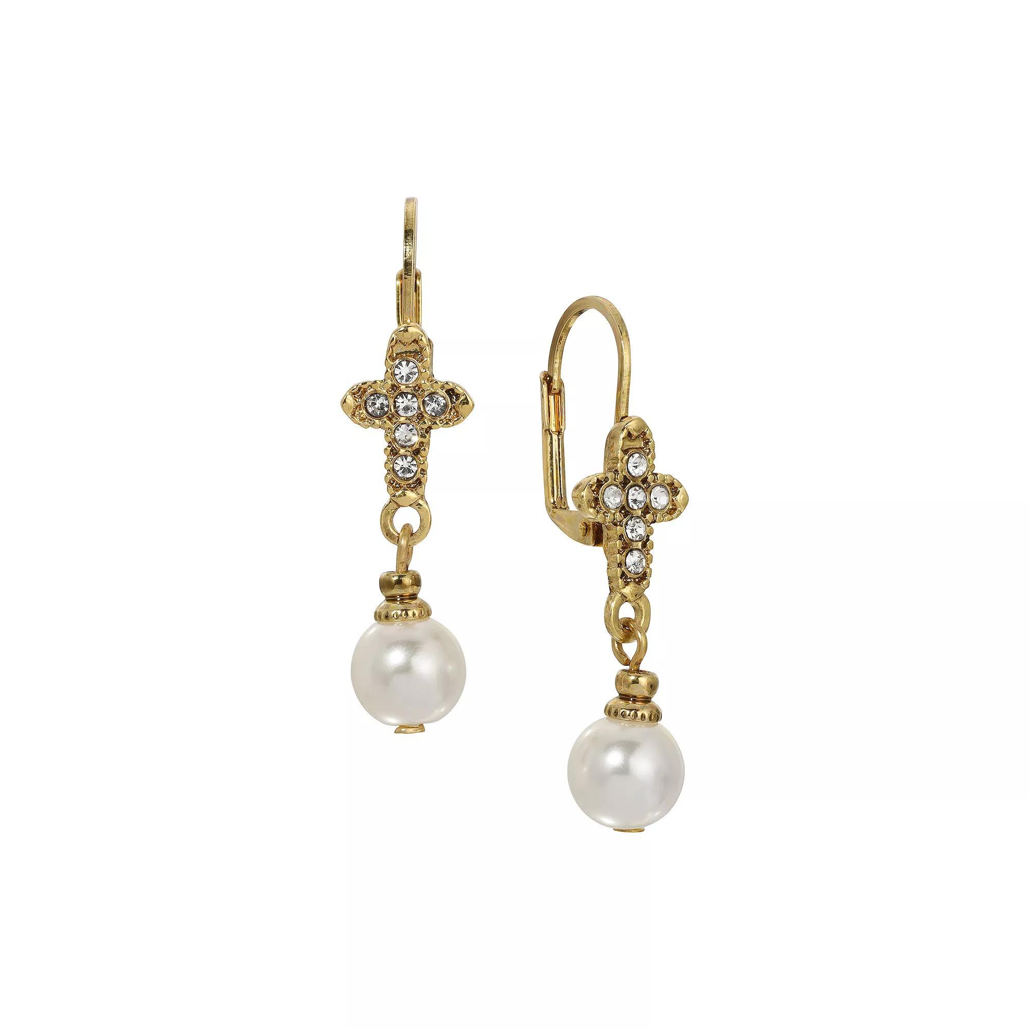 Symbols of Faith Gold Tone Crystal & Simulated Pearl Cross Drop Earrings, Womens, White Product Image