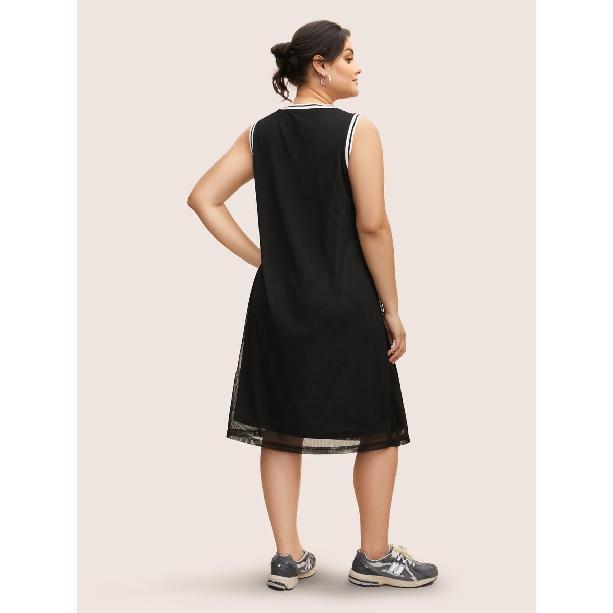 Plus Size Letter Rhinestone Mesh Patchwork Sleeveless Dress Black Women Casual Rhinestone detailing Round Neck Sleeveless Curvy BloomChic 28/5X Product Image
