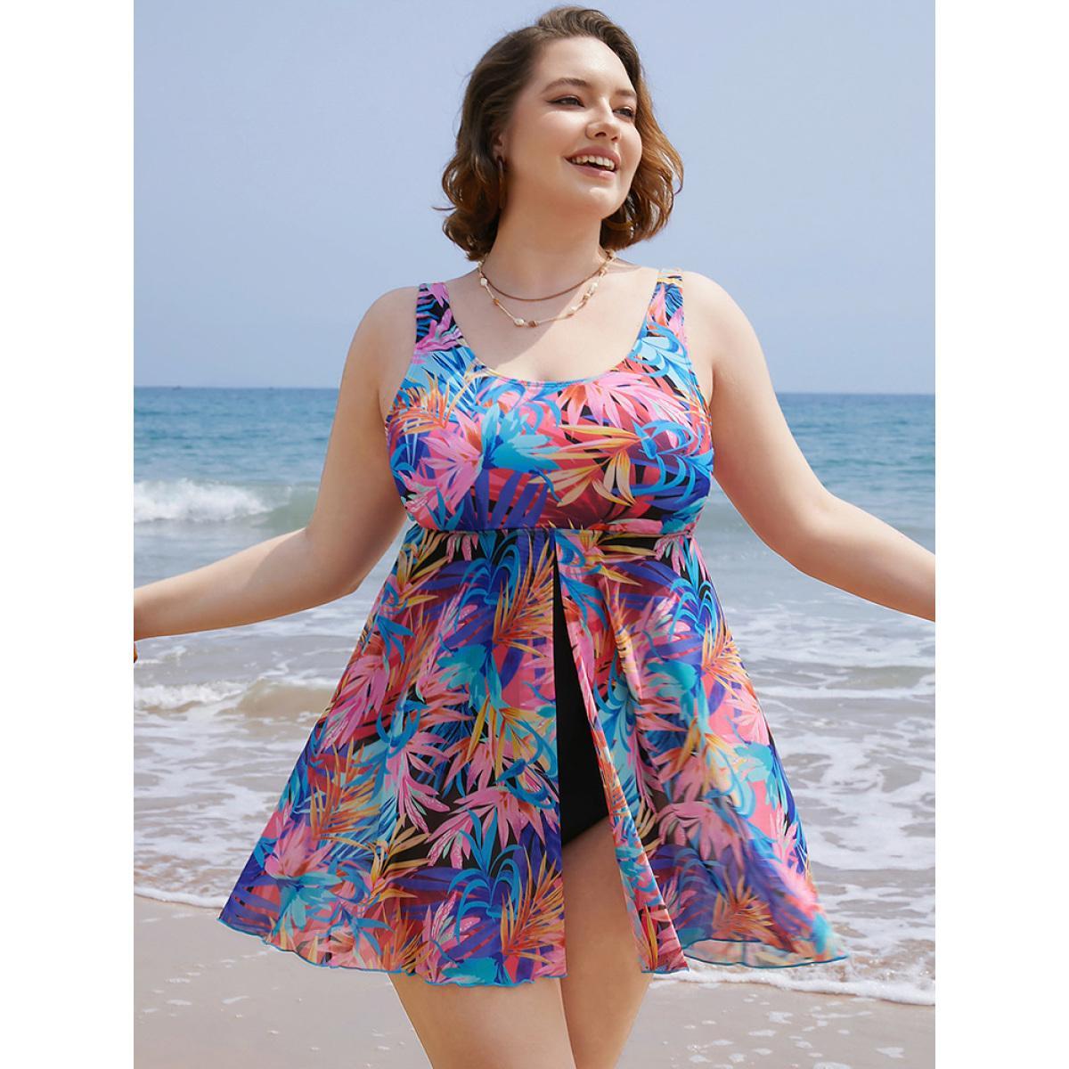Plus Size Tropical Print Ruffles Split Front Swim Dress Women's Swimwear Multicolor Vacation Bodycon Round Neck High stretch Curve Swim Dresses BloomChic 30/6X Product Image