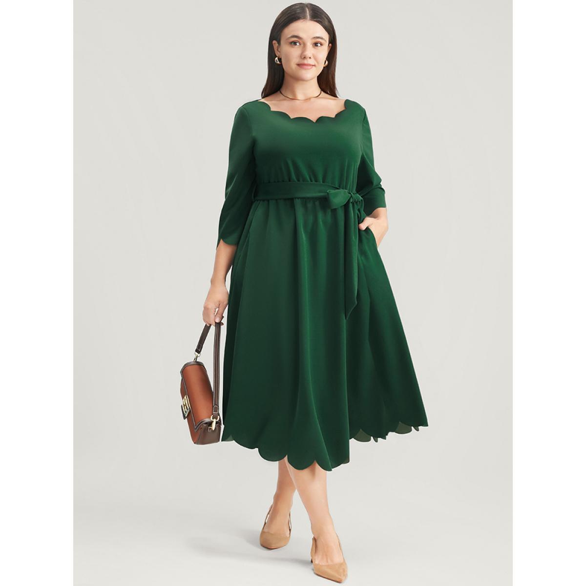 Plus Size Solid Pocket Scalloped Trim Belted Midi Dress Green Women Elegant Pocket Round Neck Elbow-length sleeve Curvy Midi Dress BloomChic 26/4X Product Image