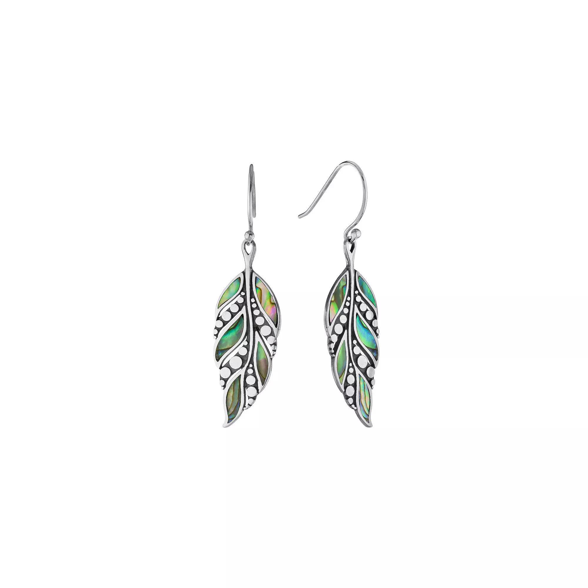 Athra NJ Inc Sterling Silver Abalone Dotted Feather Drop Earrings, Women's Product Image