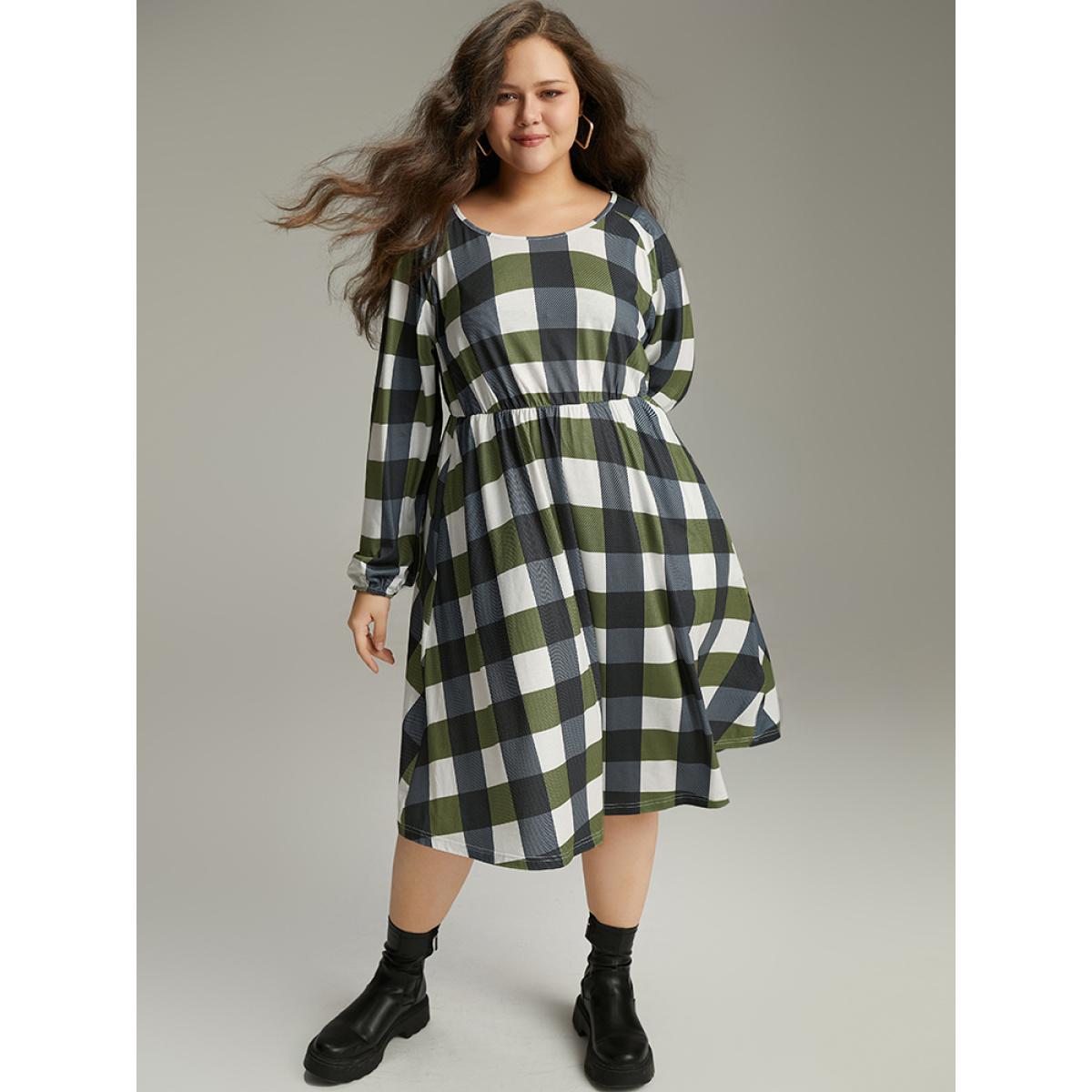 Plus Size Plaid Lantern Sleeve Ruffle Hem Dress DimGray Women Casual Elastic cuffs Scoop Neck Long Sleeve Curvy Midi Dress BloomChic 14-16/1X Product Image