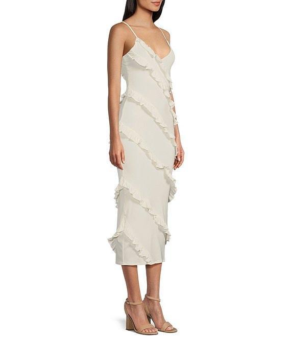 Honey and Rosie V-Neck Spaghetti Strap Ruffle Fitted Midi Dress Product Image