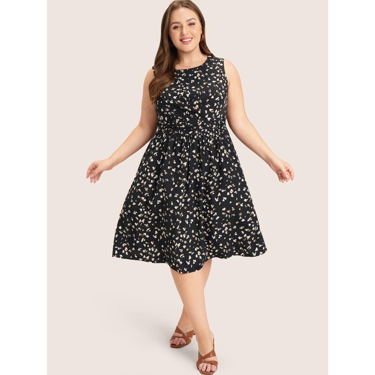 Plus Size Allover Print Pocket Flutter Crossover Ruched Tank Dress Black Women Elegant Twist Round Neck Sleeveless Curvy Midi Dress BloomChic 26/4X Product Image