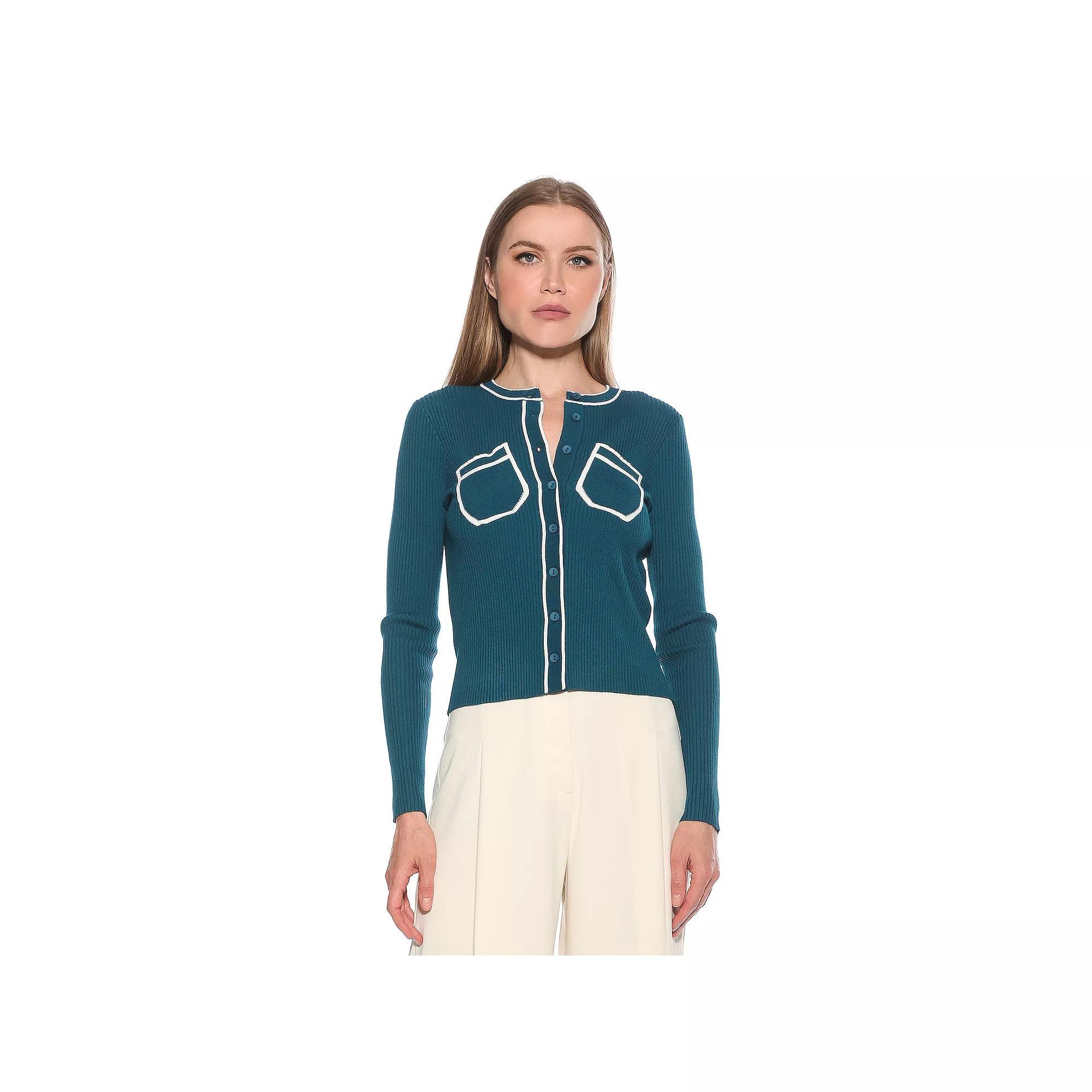 Women's ALEXIA ADMOR Clover Ribbed Knit Button Down Cardigan, Size: XS, Black Product Image