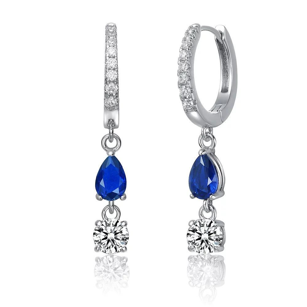 Two-Stone Cubic Zirconia Dangle Huggie Hoop Earrings, Womens, Silver Tone Blue Product Image