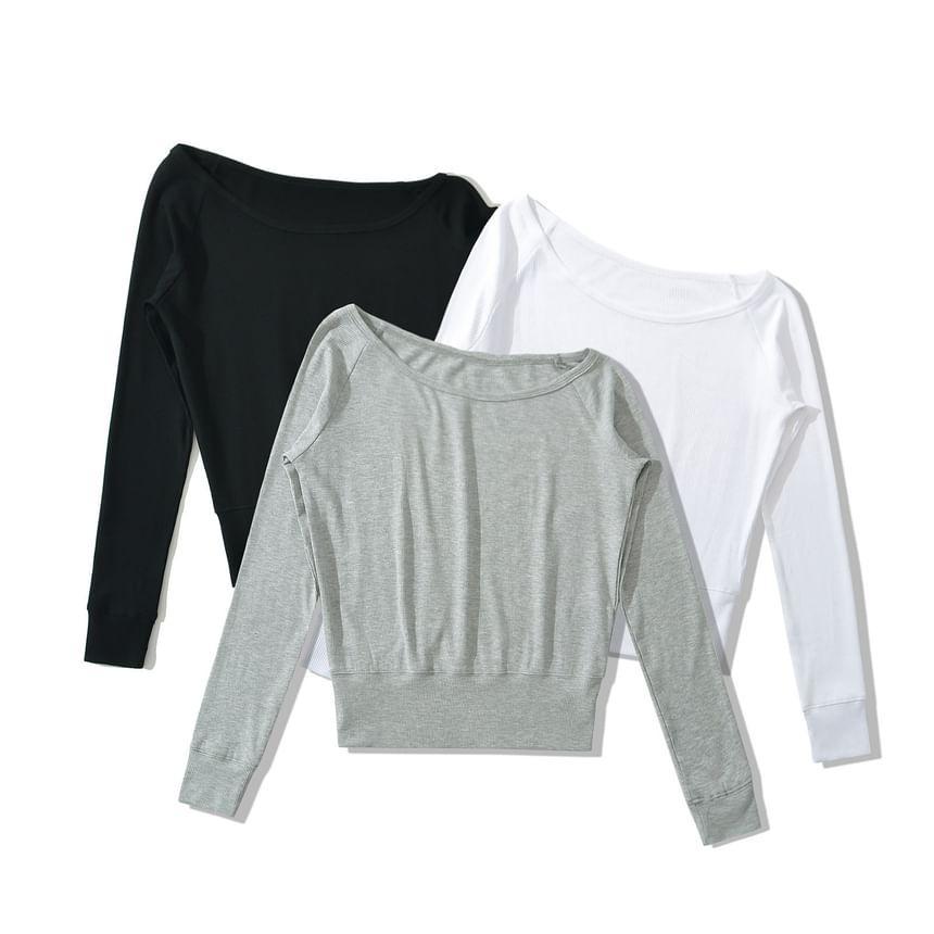 Long-Sleeve Asymmetrical Neck Ribbed Tee Product Image