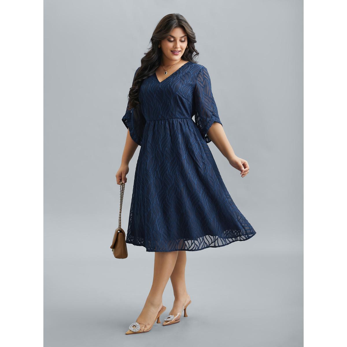 Plus Size Chiffon Textured Sheer Sleeve Midi Dress Navy Women At the Office Texture V-neck Elbow-length sleeve Curvy BloomChic 18-20/2X Product Image