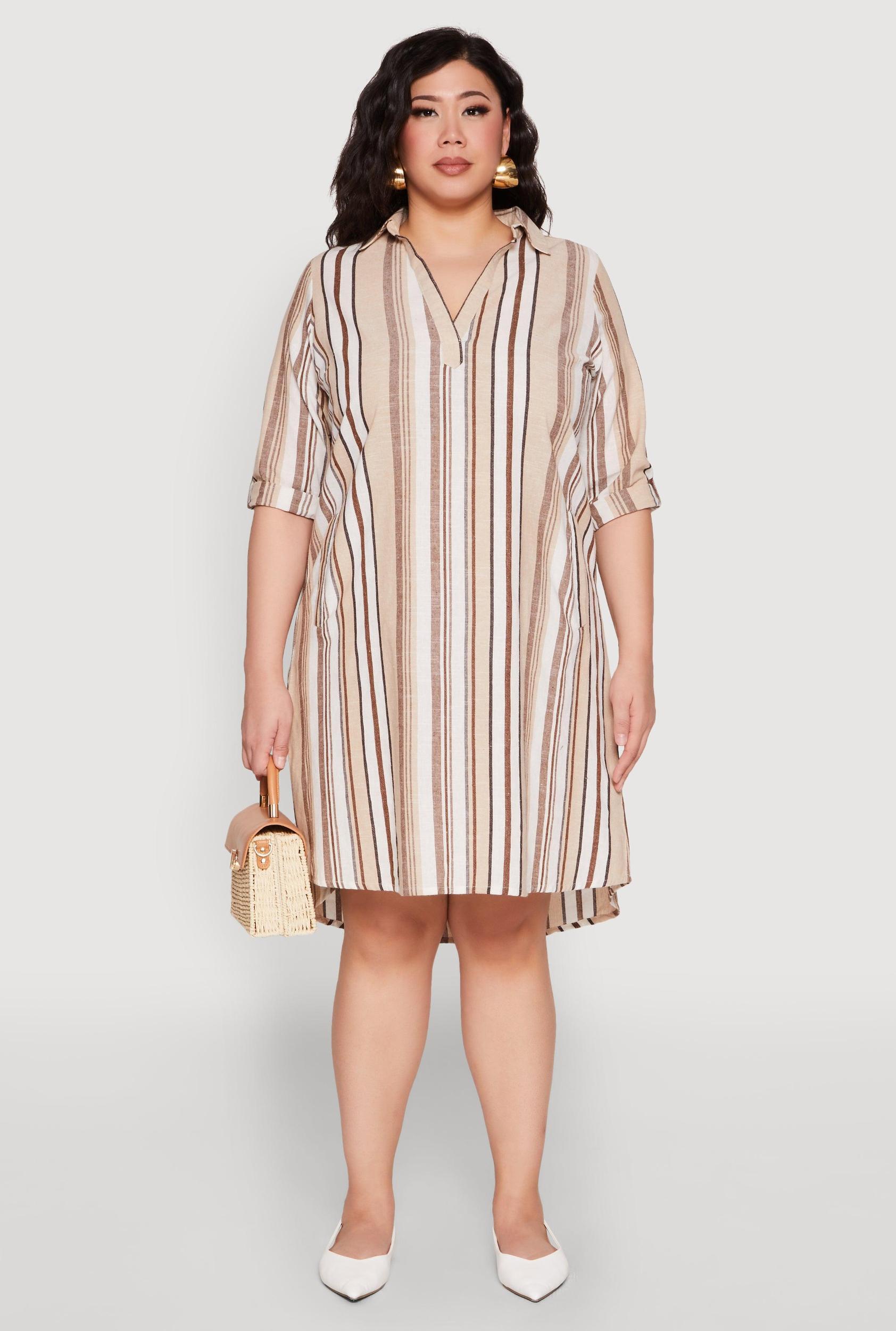 Womens Plus Size Tabbed Sleeve Striped Dress Product Image