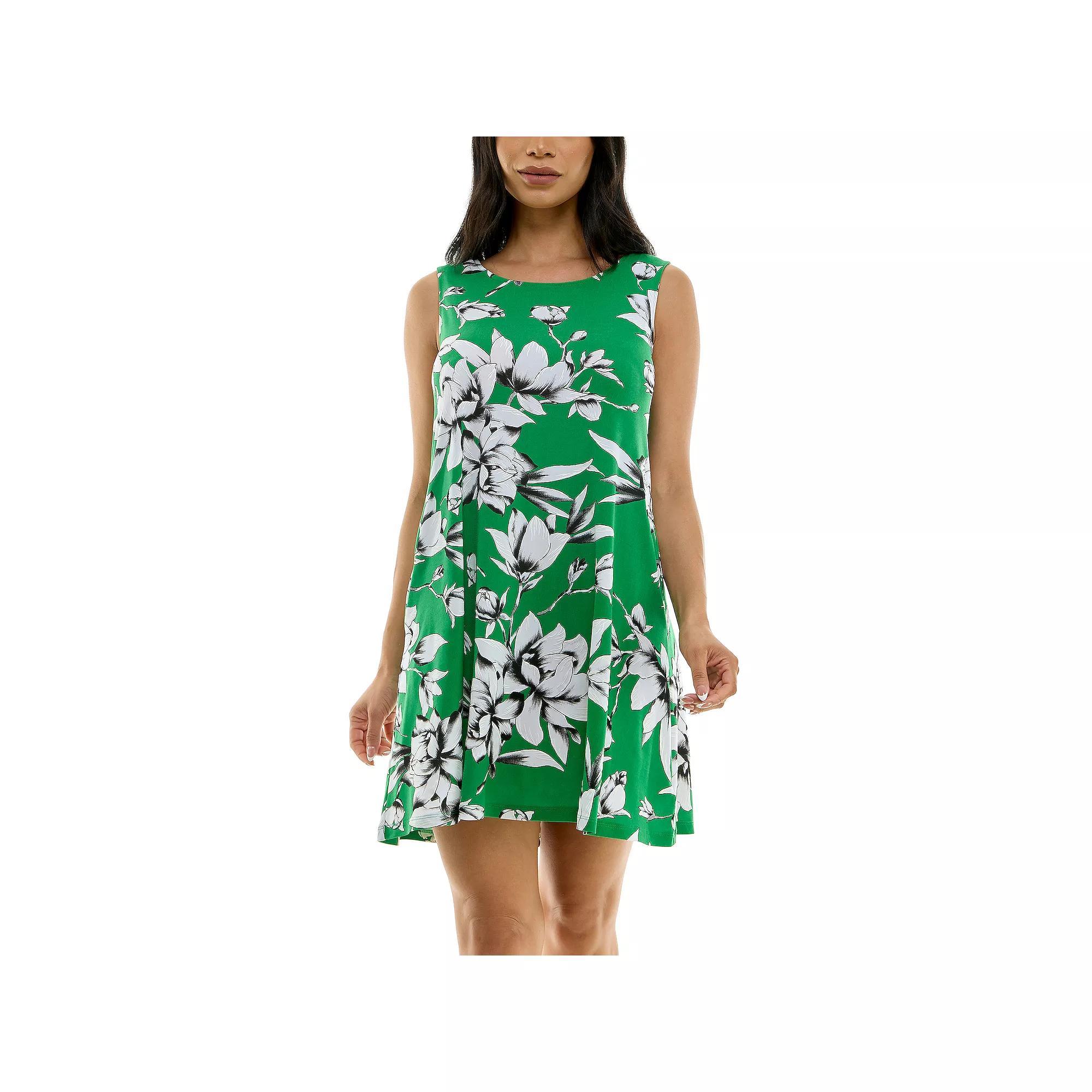 Women's Nina Leonard Puff Print Pocket Trapeze Dress, Size: Small, True Green Ivory Product Image