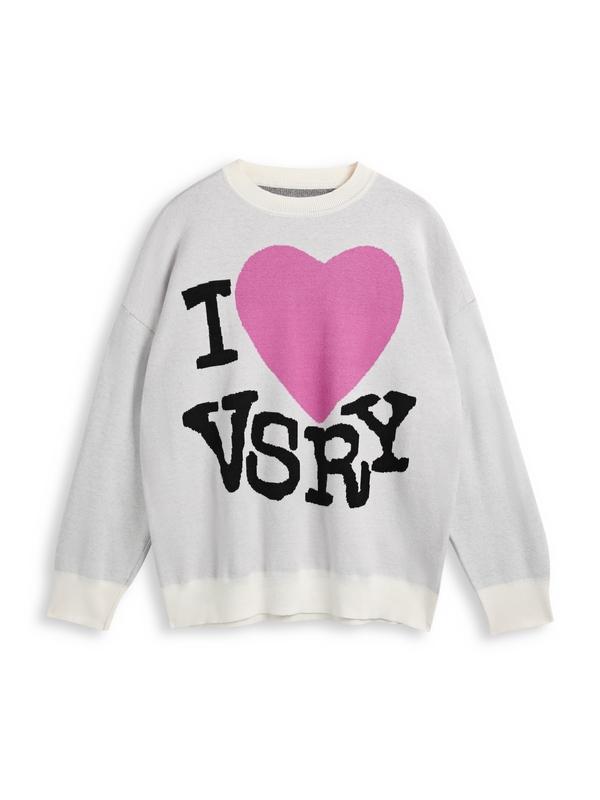 Men's Letter Heart Jacquard Crew Neck Knit Sweater Product Image