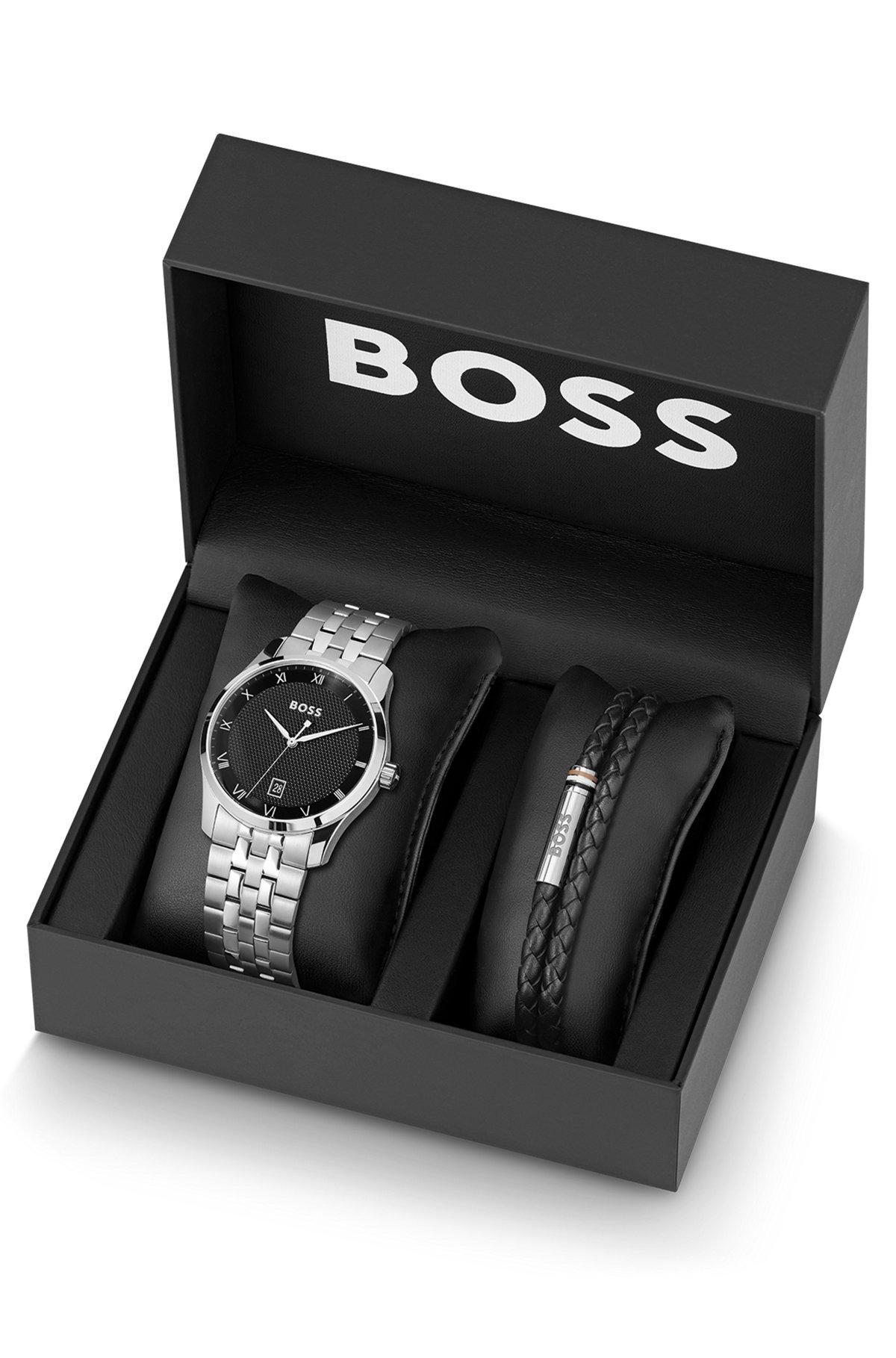 Knurled-dial watch and braided-leather cuff gift set Product Image