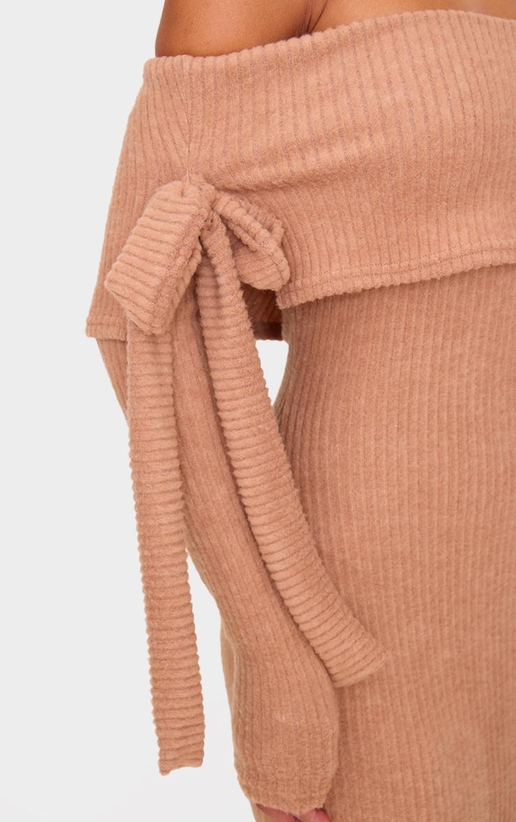 Taupe Brushed Rib Bow Detail Bardot Maxi Dress Product Image