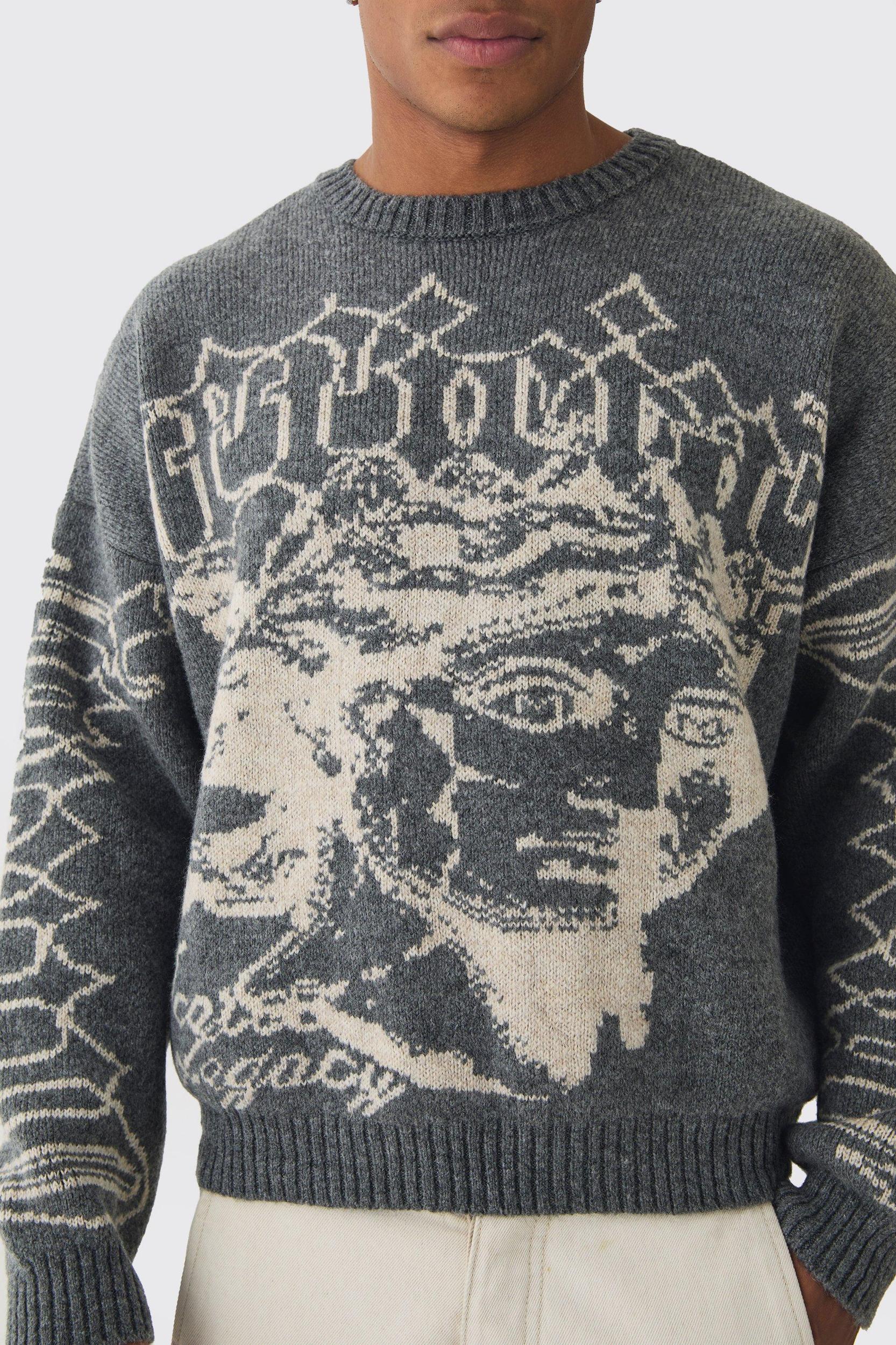 Oversized Boxy Brushed Mono Renaissance Knitted Sweater | boohooMAN USA Product Image