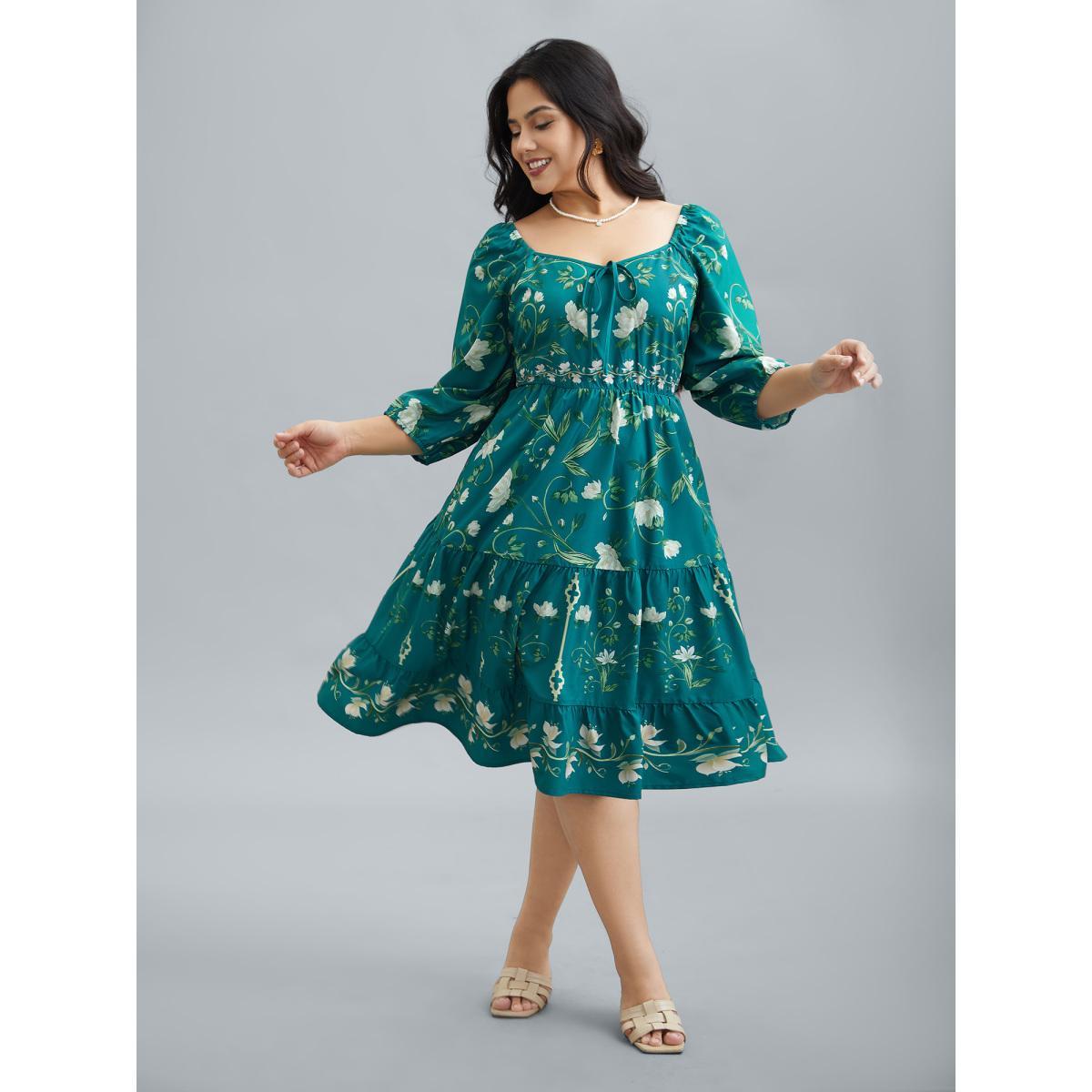 Plus Size Floral Print Lantern Sleeve Tiered Midi Dress Emerald Women Elegant Tie knot Heart neckline Elbow-length sleeve Curvy BloomChic 12/L Product Image