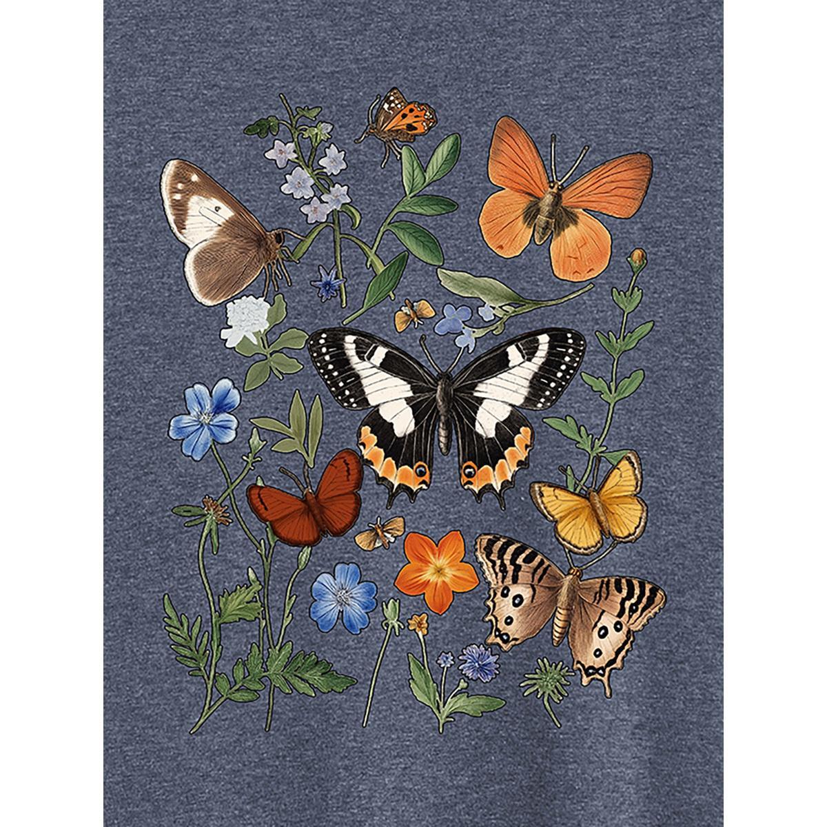 Plus Size Boho Floral Motif Round Neck T-Shirt Indigo Women Non Natural Flowers Round Neck Everyday-Casual T-shirts BloomChic 30/6X Product Image