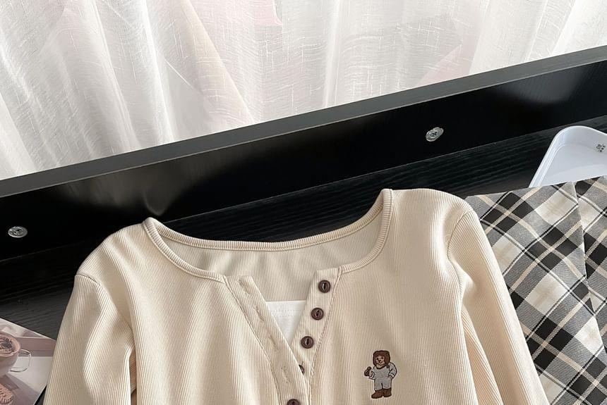 Long-Sleeve Henley Bear Embroidered Tee Product Image