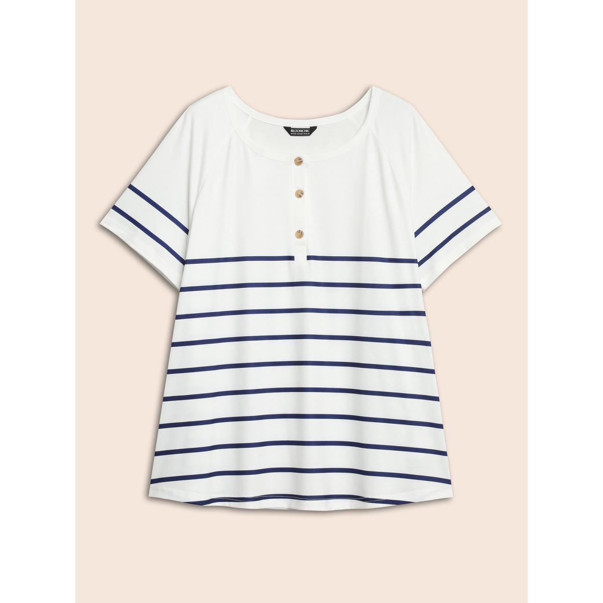 Plus Size Striped Print Raglan Sleeve Button Up T-shirt White Women Casual Contrast Striped Round Neck Everyday T-shirts BloomChic 26/4X Product Image