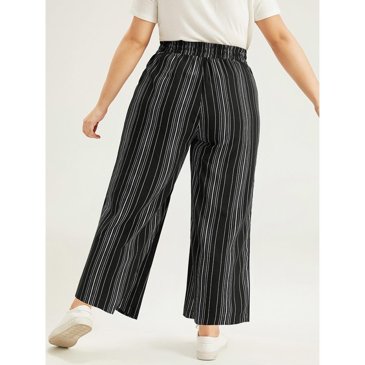 Plus Size Striped Elastic Waist Straight Leg Pants Women Black Casual Straight Leg High Rise Dailywear Pants BloomChic 14-16/1X Product Image