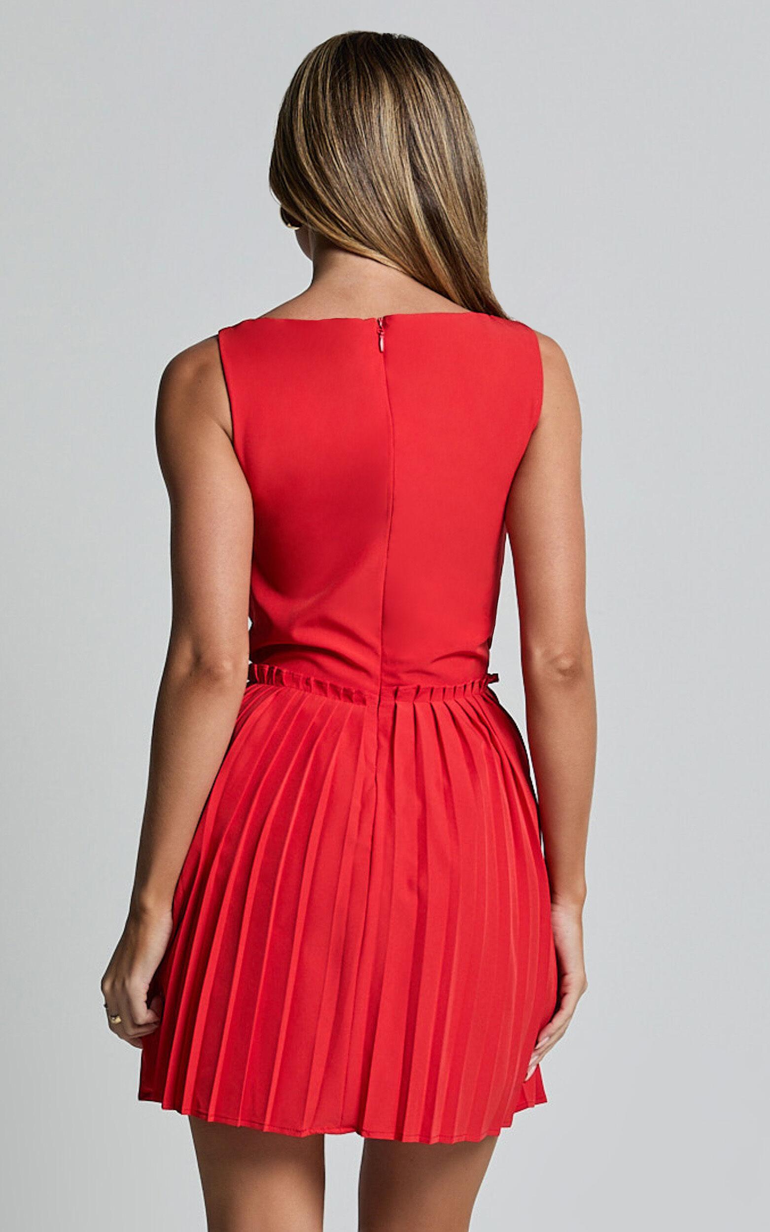 Adana Mini Dress - Fit and Flare Eyelet Corset Detail Mini Dress in Red Product Image