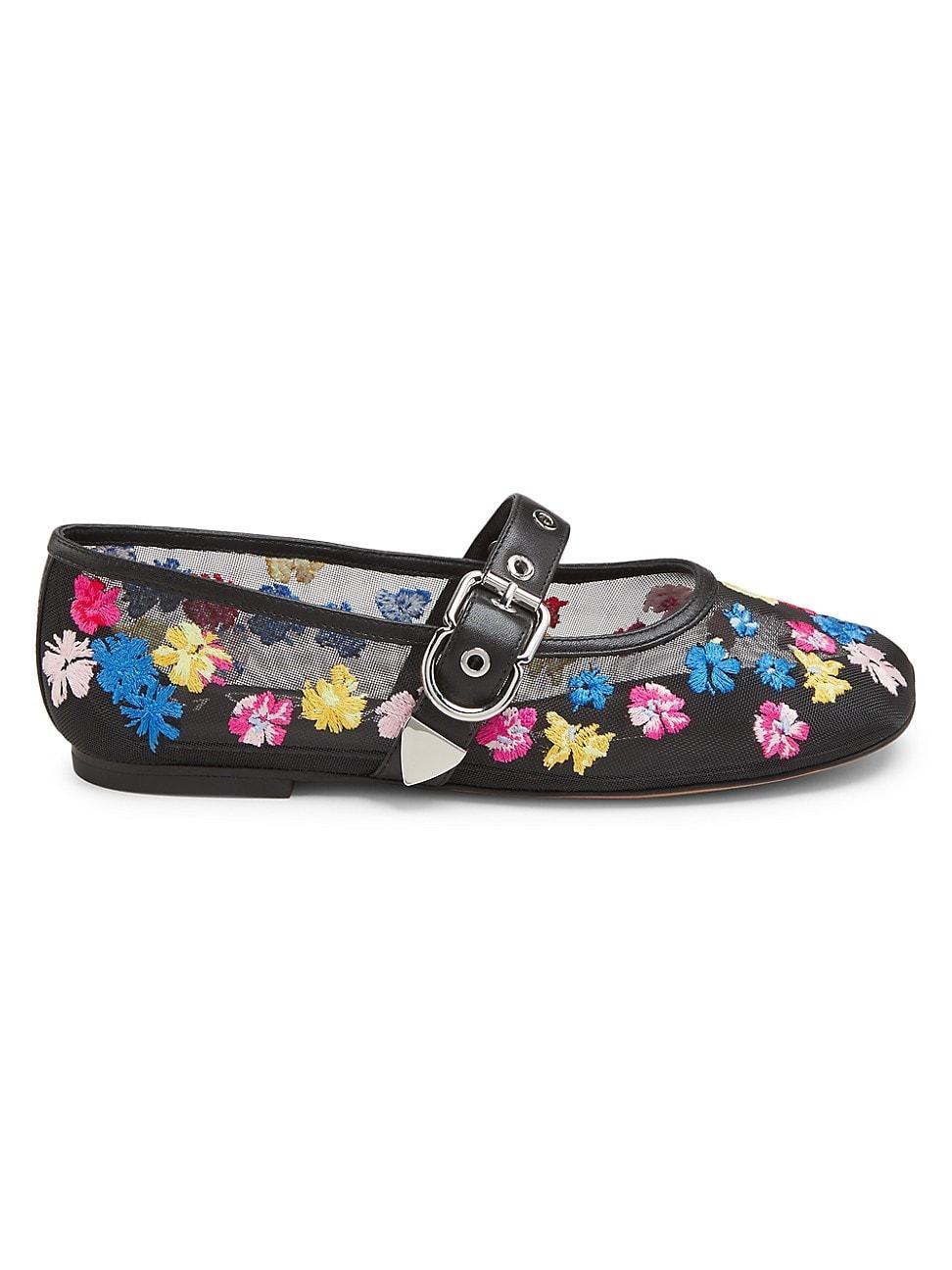 Womens Flowerworks Floral-Embroidered Mesh Mary Jane Flats Product Image