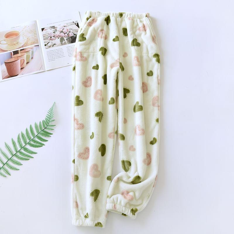 Elastic Waist Patterned Print Coral Fleece Straight Leg Pajama Pants Product Image