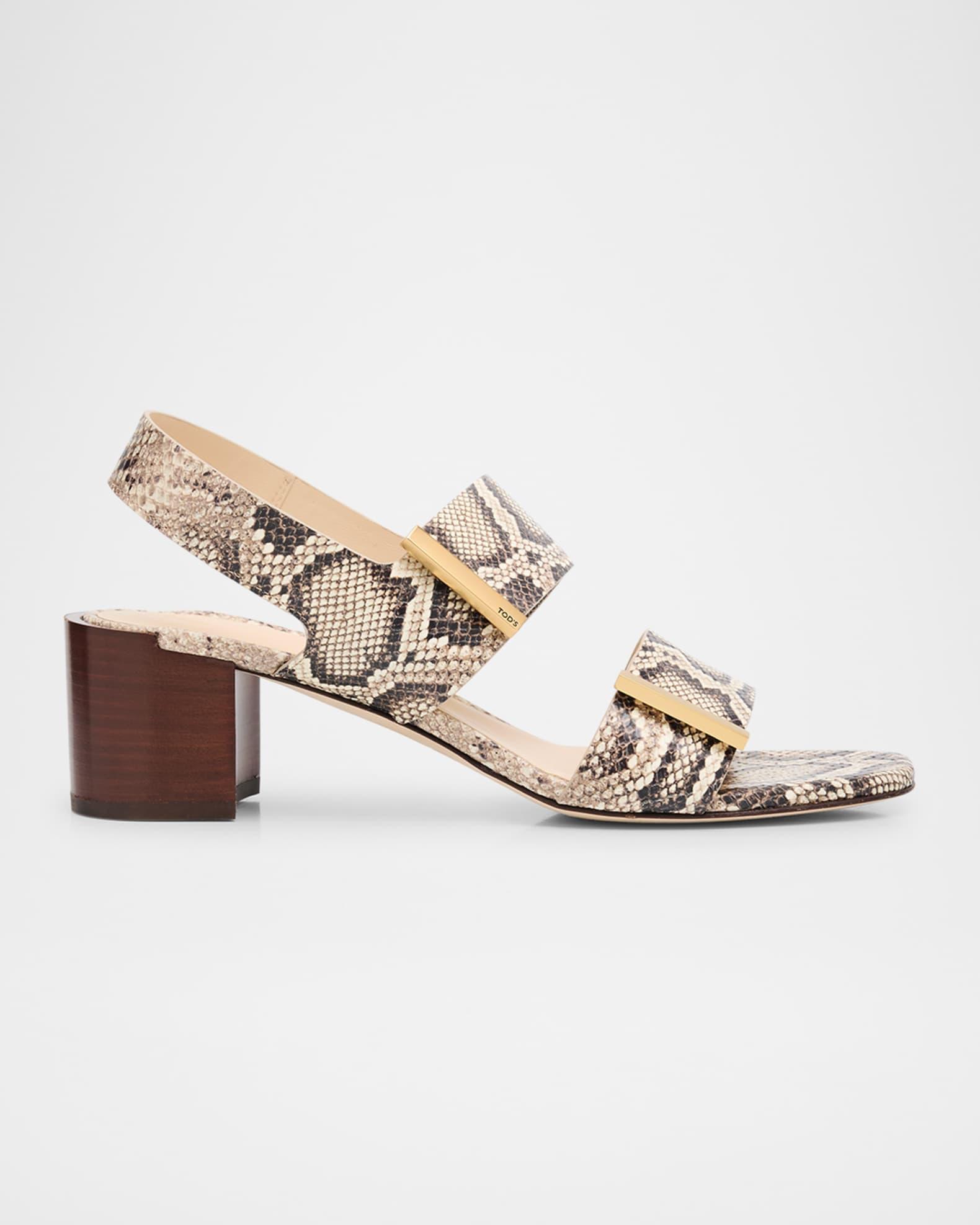 Snake-Printed Leather Block-Heel Sandals  Product Image