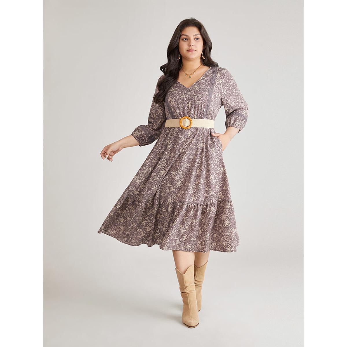 Plus Size Ditsy Floral Layered Flutter Hem Lace Insert Dress Mauve Women Vacation Elastic cuffs V-neck Elbow-length sleeve Curvy Midi Dress BloomChic 30/6X Product Image