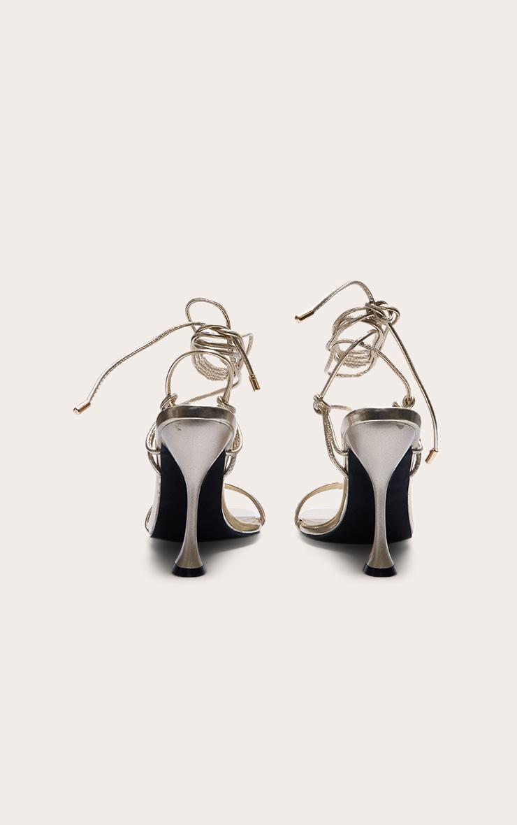 Gold Pu Square Toe Triple Strap Lace Up Mid Heeled Sandals Product Image