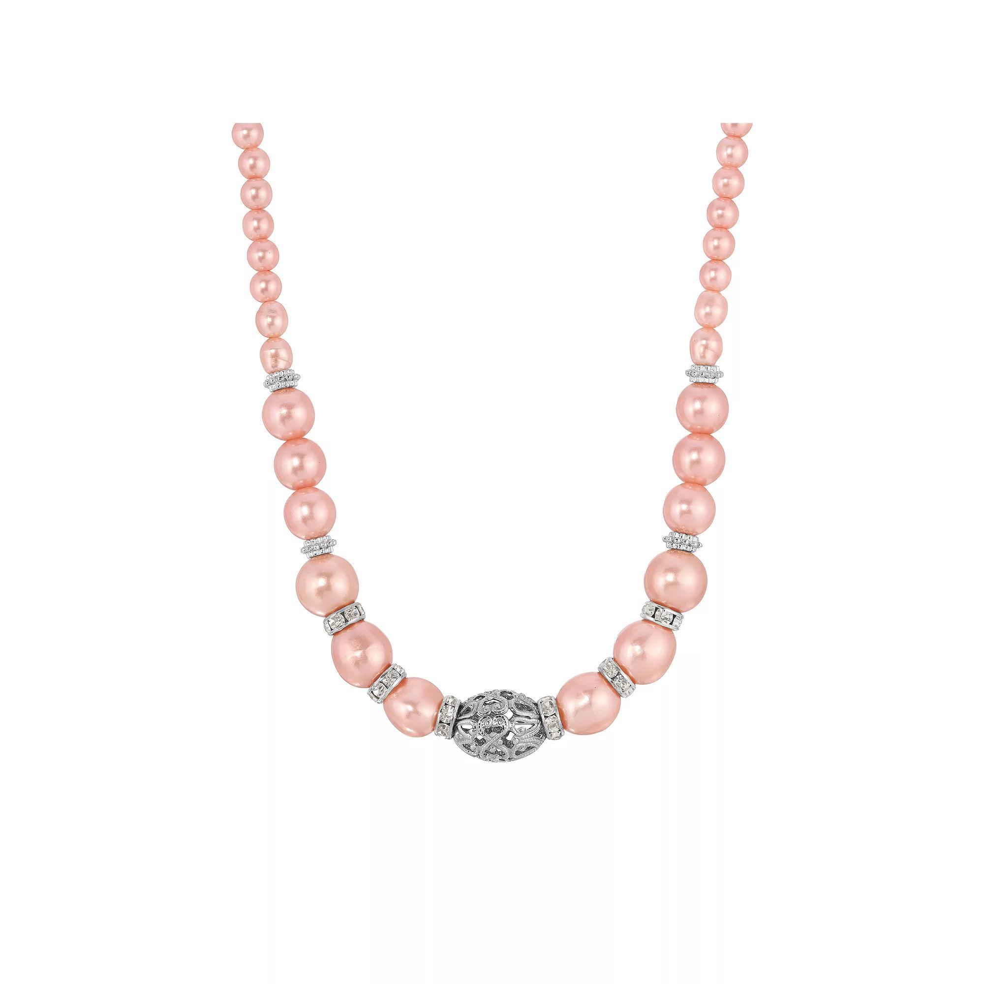 1928 Silver Tone Faux Pink Pearl Crystal & Filigree Necklace, Womens Product Image