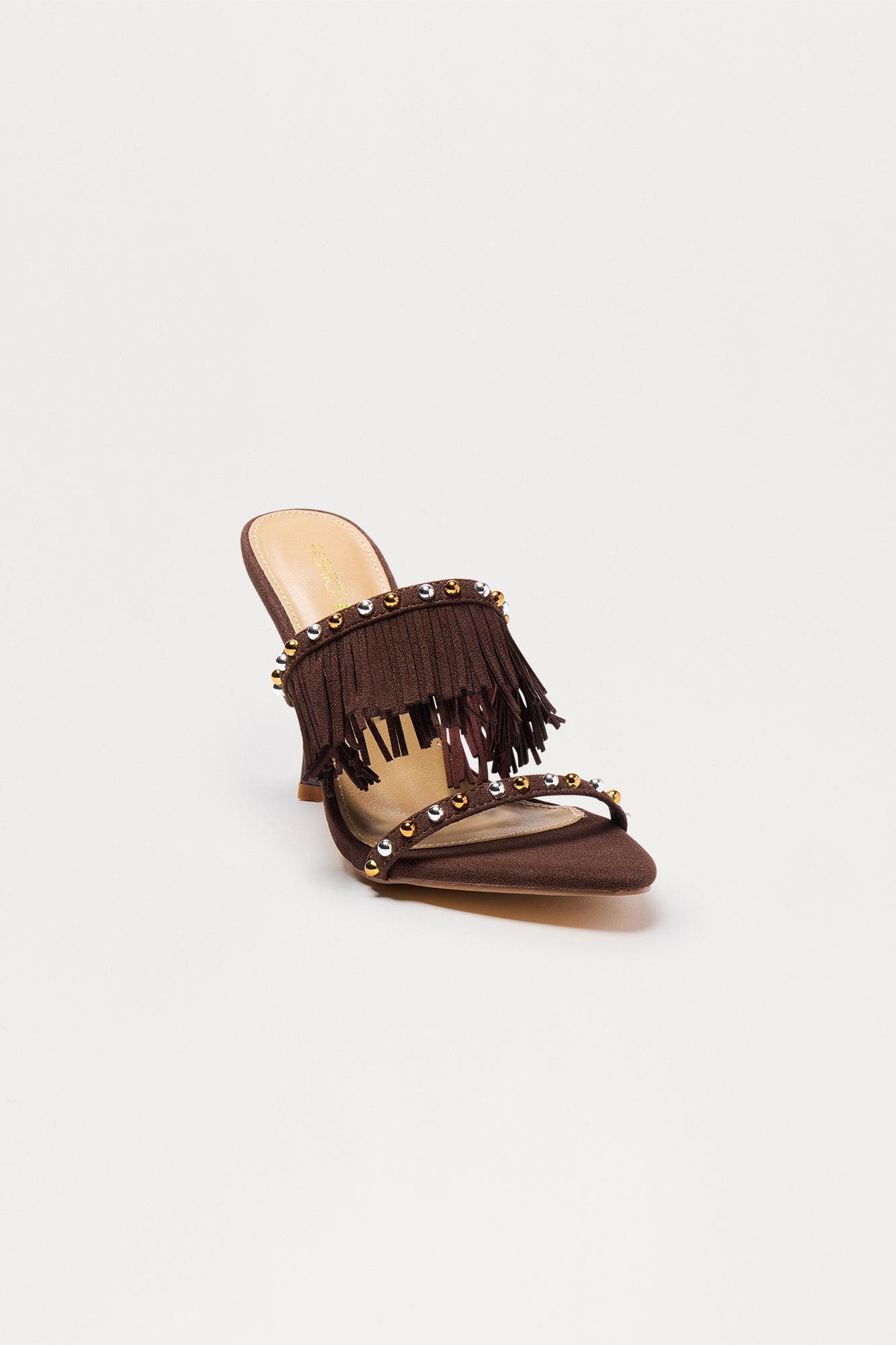 Bradley Studded Fringe Heels - Chocolate Female Product Image