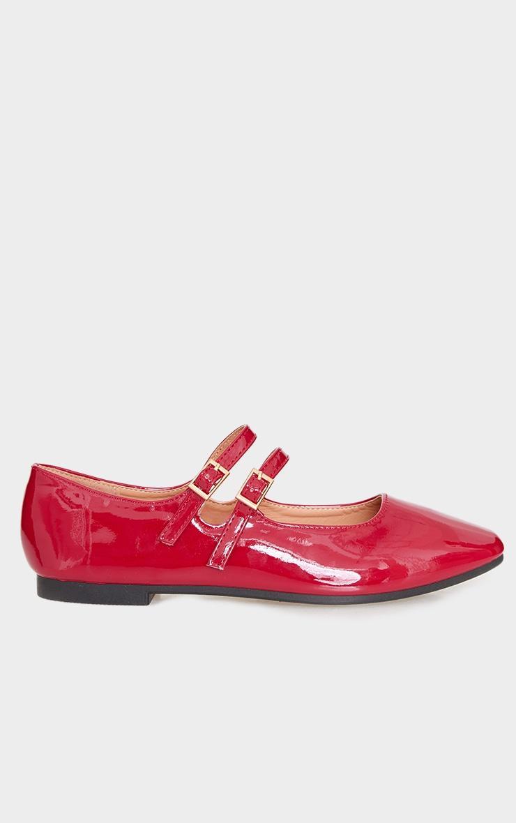 Red Patent PU Round Toe Double Buckle Ballet Pumps Product Image