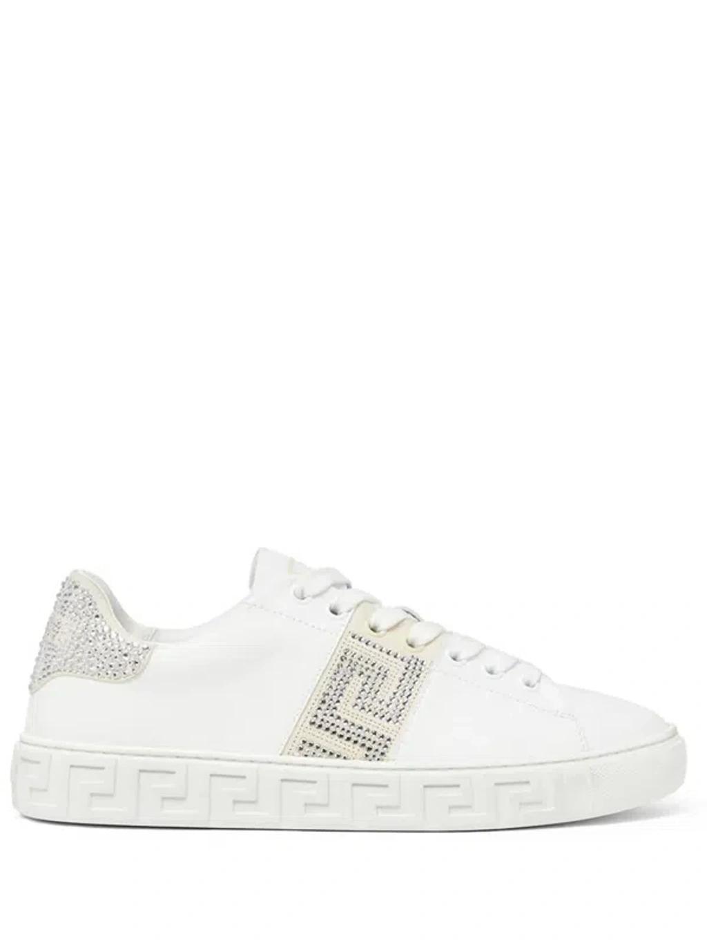 VERSACE Crystal Greca Leather Sneakers In White Product Image