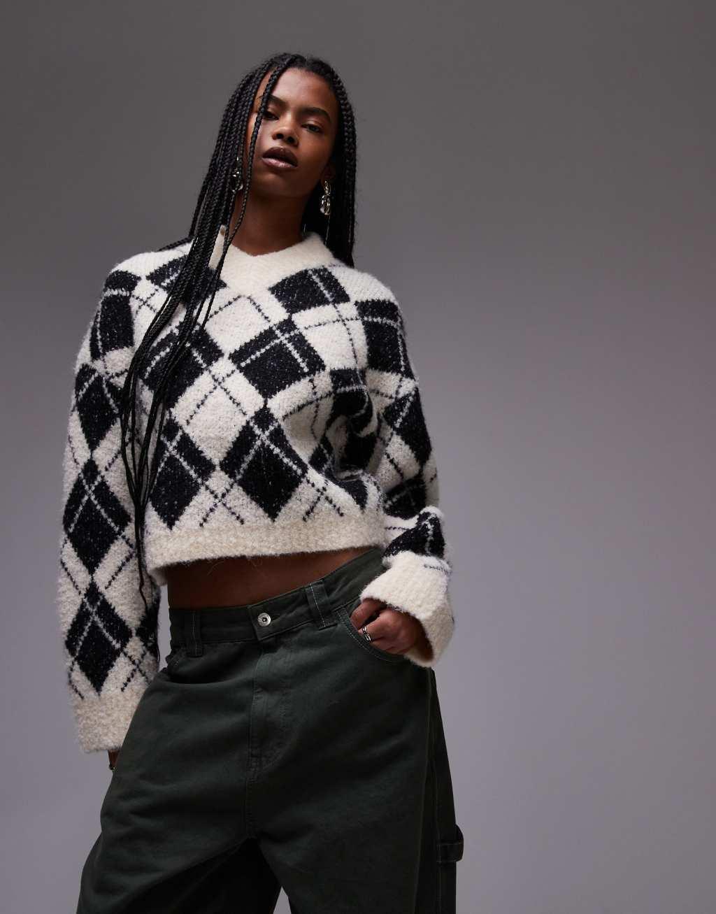 Topshop knitted diamond high v neck sweater in mono Product Image